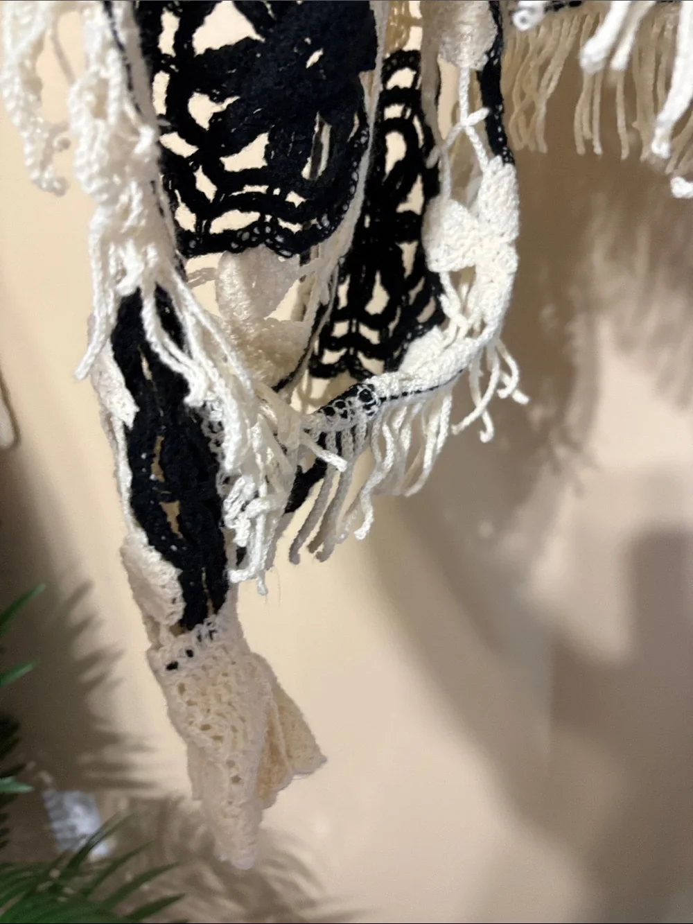 056 NWOT Boho Crochet Fringe Poncho sleeved - Cream and Black
